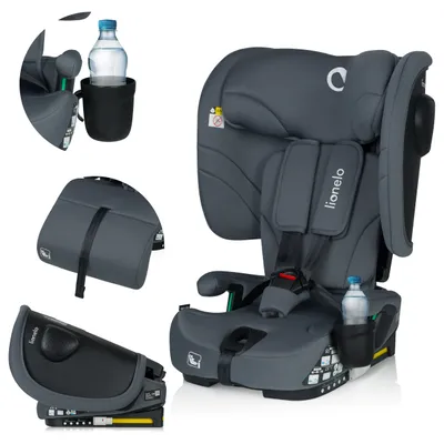 A collage of images showing a car seat and its accessories.