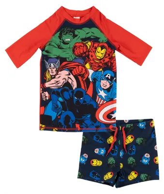 Produktbild von Marvel The Avengers Schwimmset UV-Schutz 30 für Jungen - Kinder Badeanzug Badeset Shirt und Hose Zweiteiler Blau/Rot 110-116