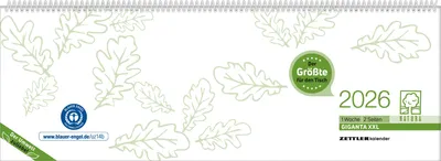 Produktbild von Zettler Tischquerkalender Giganta XXL 1W/2S Blauer Engel 2026 – Bürokalender 42x15 cm aus Recyclingpapier, Blauer Engel , 1 Woche auf 2 Se