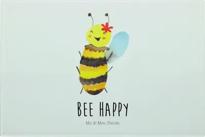 Produktbild von Mr. & Mrs. Panda Glas Schneideplatte Biene Happy - Weiß - Geschenk, Glas-Schneidebrett, Hackbrett, Vesperplatte, Frühstücksbrett, Schneidebrett, Servierplatte