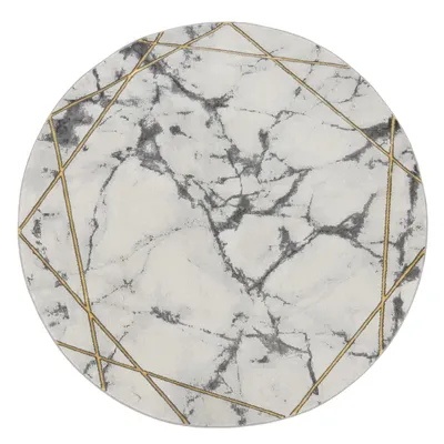 A round rug with a marble pattern and gold geometric lines.