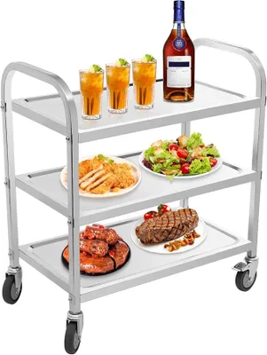 Produktbild von 3 Etagen Edelstahl Servierwagen mit Rollen und Bremse, Küchenwagen Rollwagen für Küche, Restaurant, Labor & Medizin, Universalräder für Haushalt & Gewerbe