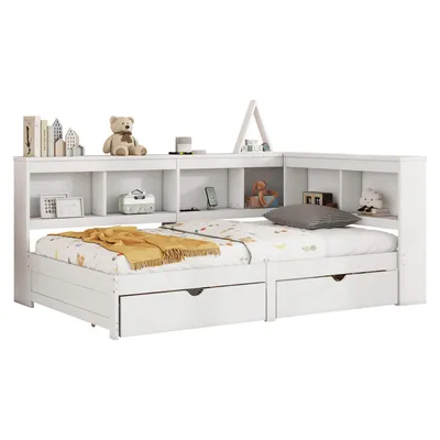 Produktbild von Daybett, 90 x 200 cm, Schlafsofa, Tagesbett mit zwei Schubladen, Mit Steckdose&2 USB-Anschlüssen, Bett mit Lattenrost (ohne Matratze), Spanplatte,Weiß