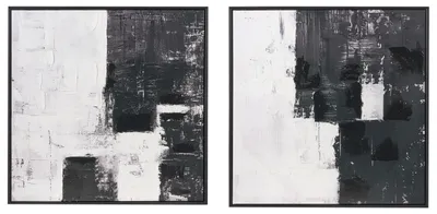 Produktbild von BELIANI Wandbild 2er Set mit Rahmen Schwarz-Weiß Kiefernholz Kunststoff Abstraktes Motiv Handgefertigt Leinwandbild Wanddekoration Wohnzimmer