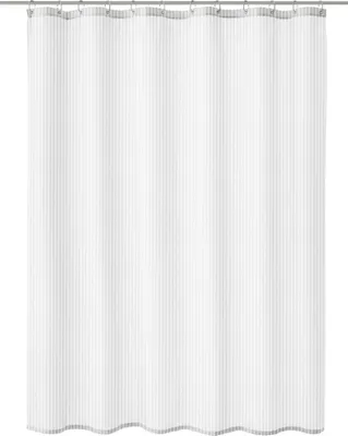 A white shower curtain with vertical stripes, hanging from a shower rod.