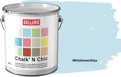 Produktbild von OELLERS Chalk 'N Chic Kreidefarbe Mittelmeerblau 2,5L matt – für Shabby-Chic-Look & Vintage-Stil auf Holz, Beton, Raufaser, Gipskarton uvm.