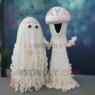 Productafbeelding van Jellyfish mascotte REDBROKOLY kostuum karakter gekleed met een trouwjurk en manchetknopen