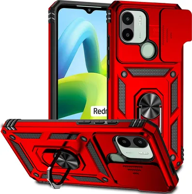 Produktbild von Redmi A1+ Hülle mit Schiebe Kamera Schutz und Ringhalter Ständer Robust Rüstung Schutzhülle für Xiaomi Redmi A1 / A1+ Rot