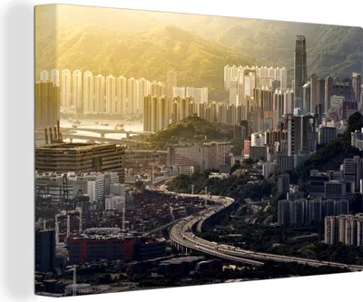 Produktbild von OneMillionCanvasses® - Leinwandbilder - 140x90 cm, Hongkong - Stadt - Berg, Wandbilder Kunstdruck Wanddekoration - Foto auf Leinwand - Gemälde auf Holzrahmen