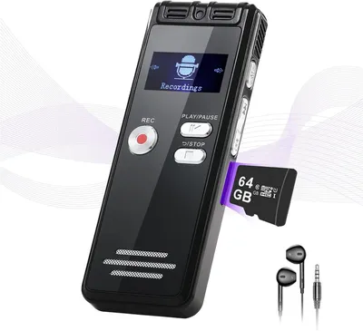 Produktbild von 64GB Diktiergerät Aufnahmegerät mit Playback - 3072Kpbs Stunden Audioaufnahmegerät mit Rauschunterdrückung, Voice Recorder, Schwarz