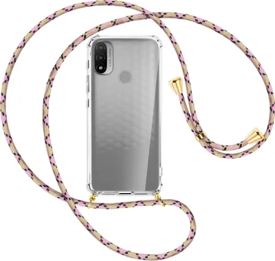 Produktbild von Handykette Backcover-Schutzhülle mit Band (Metall goldfarben) für Motorola Moto E20 (XT2155) - rosa Karo