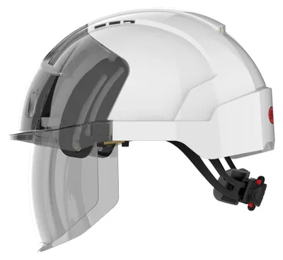 Produktbild von JSP EVO® VISTAshield Schutzhelm – Belüftet – Integriertes Vollvisier (Smoke) – Drehradverschluss – EN397 & EN166  – Weiß – (Modell