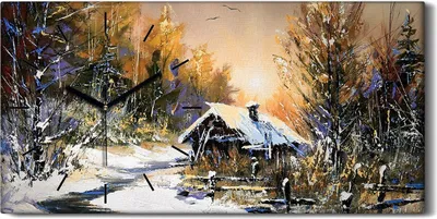 Produktbild von Wohnzimmer-Bild Leinwand Uhr Geräuschlos 60x30 Hütte im Wald Winter Landschaft - schwarze Hände
