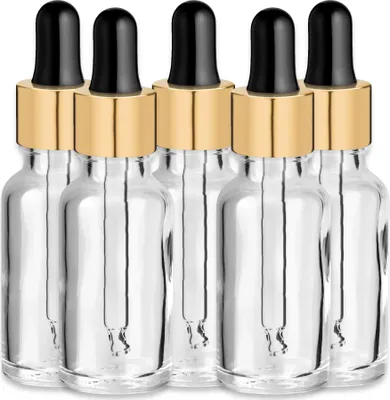 Produktbild von Glasflasche klar 20 ml mit goldener Aluminiumpipette – 5er-Set