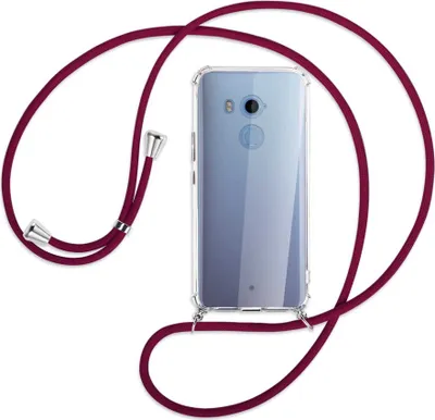 Produktbild von Handykette Backcover-Schutzhülle mit Band (Metall silberfarben) für HTC U11 Plus - dunkelrot