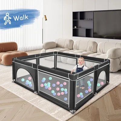 Produktbild von Laufstall Baby,180x150cm Rutschfester Absperrgitter mit Atmungsaktive Netz Schutzgitter Kind Playpen Set mit Tragetasche Dunkelblau
