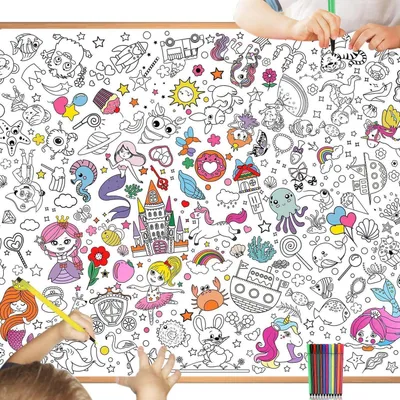 Produktbild von Papier-Tischdecke zum Ausmalen für Kinder, Einhorn Meerjungfrau, 1188 x 840 mm, Weiß, mit 12 Malstiften