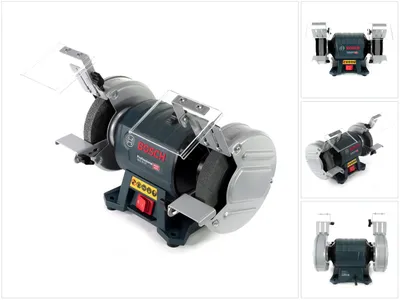 A collage of images showing a Bosch bench grinder from different angles.