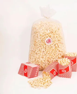 A large bag of popcorn and several small popcorn bags are arranged on a white background.