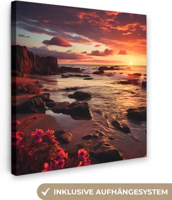 Produktbild von MuchoWow® - Leinwandbilder - Strand - Sonnenuntergang - Blumen - Felsen - Meer, Wandbild, Wanddeko Bilder Wohnzimmer, 90x90 cm