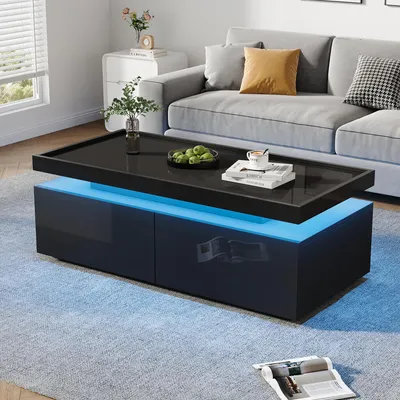 Zdjęcie produktu dla Stolik kawowy Sweiko 95x45x35cm, stolik do salonu z LED, stolik kawowy z 2 szufladami, stolik do sofy o wysokim połysku, nowoczesny minimalistyczny stolik, stolik boczny z geometrycznym wzorem, czarny