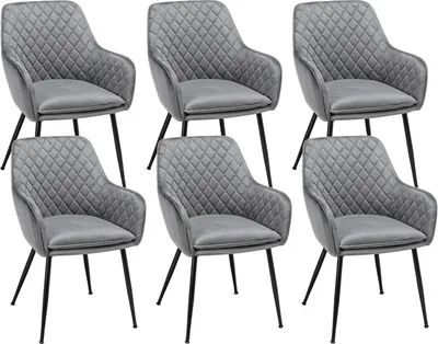 A set of six gray upholstered dining chairs with diamond tufting and black metal legs are arranged in a grid formation against a white background.