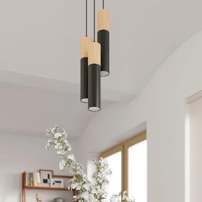Produktbild von Design 3-Lampen Hängeleuchte Holz Schwarz Elegant für GU10 Glühbirnen