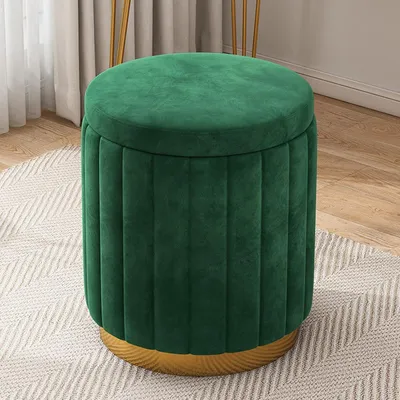 Produktbild von Runder Samt-Aufbewahrungshocker als Fußbank, gepolsterte weiche Fußstütze mit goldfarbener Basis und großem Stauraum, Kosmetikhocker für Wohnzimmer und Schlafzimmer, gelb, 34x34x45cm