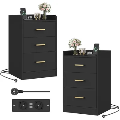 Immagine prodotto di Set di 2 comodini - Tavolino con stazione di ricarica - 3 cassetti - 2 prese - 2 porte USB - Legno - Nero