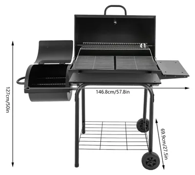 Zdjęcie produktu dla Grill węglowy wolnostojący - czarny - duża powierzchnia grillowania - metal - z pokrywą i kołami
