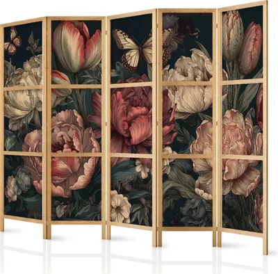Produktbild von 5-teiliger Einseitiger Vlies Japanischer Paravent - Floral Illustration - Magnificent Flower Buds on a Turquoise Background 225x172 cm Blumen b-H-10025-bh-b