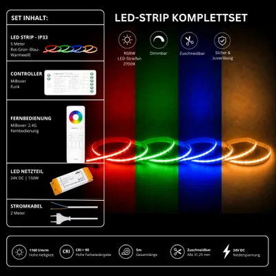 Produktbild von LED Streifen Set RGBW – COB LED Streifen 24V, punktfrei, 20 W/m, 5m, RGB + Warmweiß 2700K, CRI 90, IP33 – SS150 Netzteil, SR5 Funk-Controller und C5 Fernbedienung Weiß