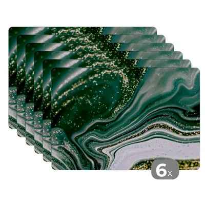 Obrázok produktu pre MuchoWow® Podložky Sada 6 podložiek Umývateľné podložky 30x45x0.3cm Mramorový vzhľad - Zlatá - Zelená - Trblietky - Dizajn - Mramor Podložka pod stôl