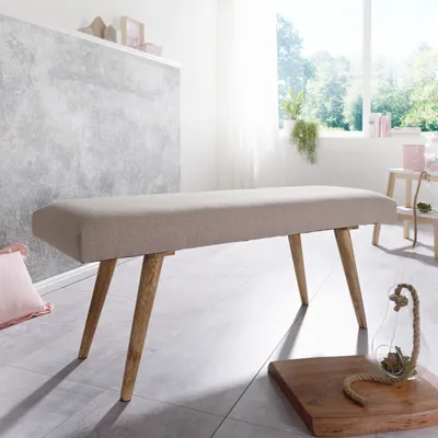 Produktbild von WOHNLING Sitzbank Stoff / Massivholz Bank Beige 117x51x38 cm im Retro Stil 2er Polsterbank Flur Gepolsterte Stoffbank Esszimmer Braun Kleine Bettbank