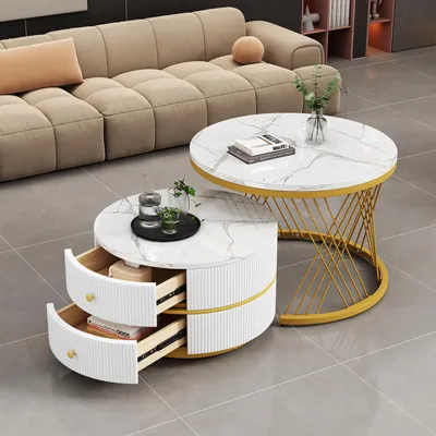 Image de MODFU Ensemble de Tables Basses Gigognes - 2 Tables avec 2 Tiroirs, Plateau Effet Marbre Brillant, MDF Blanc et Or, 60×60×46 & 50×50×30,8 cm