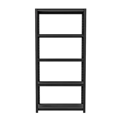 A black metal shelving unit with five shelves against a white background.