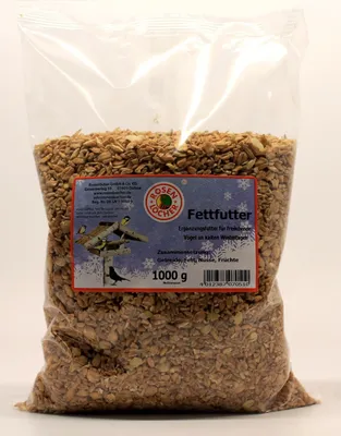 A bag of bird food with a label showing birds and snowflakes.