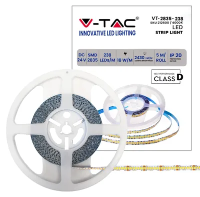 Immagine prodotto di V-TAC VT-2835 Striscia 238led/m 24V 18W/m SMD2835 135lm/W 5M bianco naturale 4000K IP20- SKU 212600