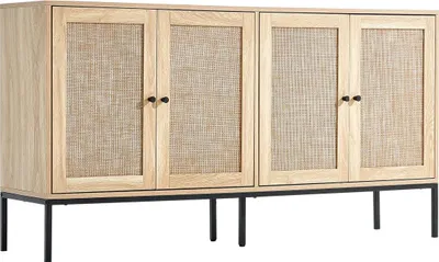 Image de Armoire de rangement en rotin avec 4 portes magnétiques et étagères réglables Naturel