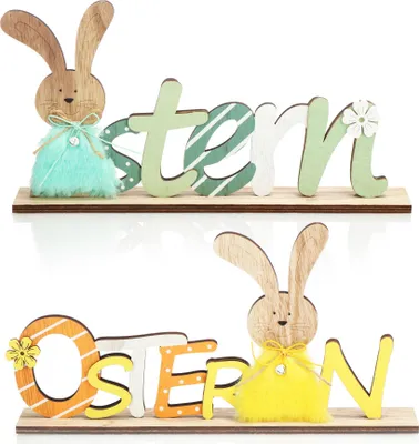 Produktbild von COM-FOUR® 2x Deko Aufsteller für Ostern - Schriftzug mit Osterhasen - Osterdeko zum Hinstellen - Osterdekoration aus Holz