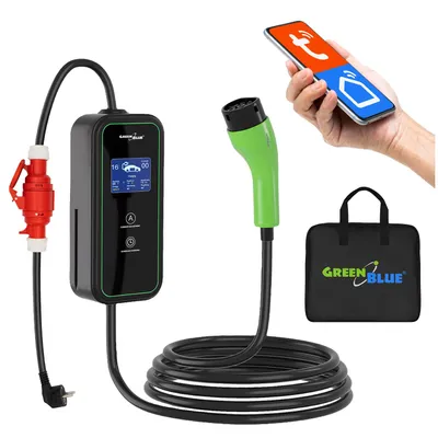 Obrázok produktu pre Nabíjačka GreenBlue pre elektromobily (EV) a plug-in hybridné vozidlá (PHEV), prenosná, typ 2, dĺžka kábla 6,8 m, stupeň ochrany IP65, 11 kW, 220–380 V striedavý prúd