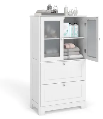 Badschrank mit 2 Schubladen und 2 Glastüren, verstellbares Regal, Weiß