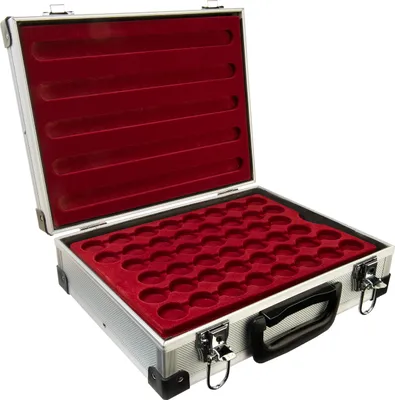An open aluminum coin case with red velvet lining, designed to hold coins in capsules.