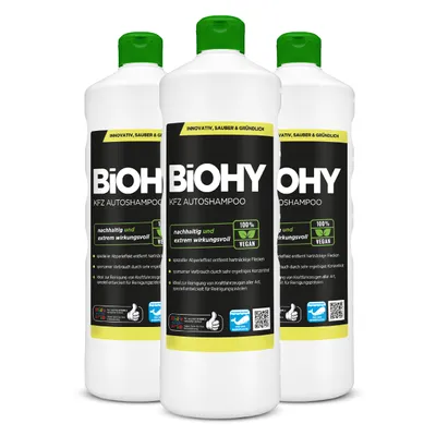 Produktbild von BiOHY KFZ Autoshampoo , Autowaschmittel, Auto Shampoo, Schaumreiniger – 3er Pack (3 x 1 Liter Flasche)
