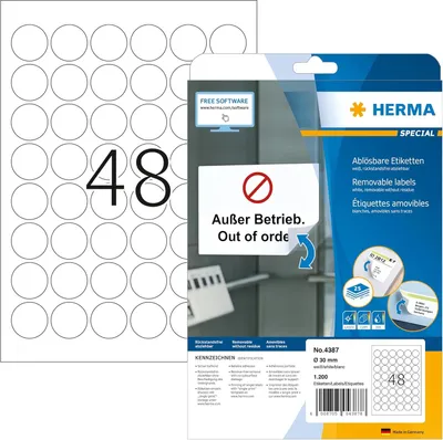 Produktbild von Etiketten A4 weiß Ø 30 mm rund Movables/ablösbar Papier matt 1200 St.