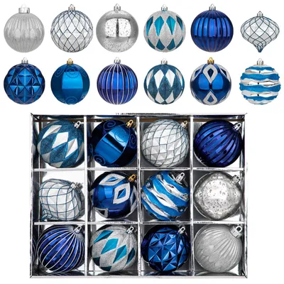 Immagine prodotto di Set di 12 palline per albero di Natale, resistenti alla rottura, diametro 10 cm, colore blu e argento