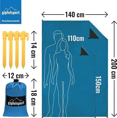 Produktbild von DigiRigi® Picknickdecke XXL 200×140 cm – ultraleicht, wasserabweisendes Polyester, inkl. Tragetasche & Heringe, kompakt, blau, für bis zu 4 Personen