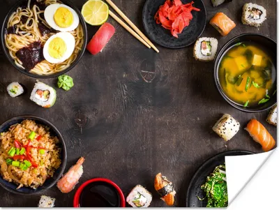 Produktbild von MuchoWow® Poster Sushi - Essstäbchen - Kräuter - Gewürze 160x120 cm - Foto Plakat