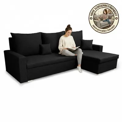 Produktbild von KomfortWelt24 Ecksofa mit Schlaffunktion und praktischem Bettkasten - Bequemer Eckcouch 216x134 cm L-Form MONDO Schwarz