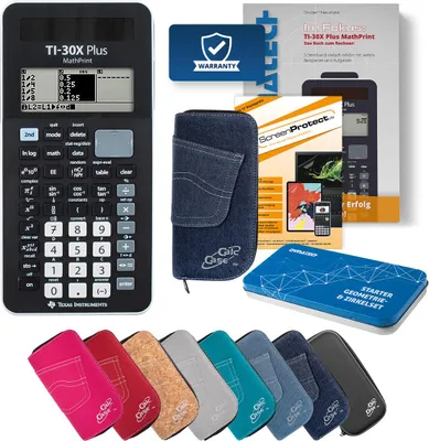 Produktbild von TI-30X Plus MP Taschenrechner mit Tasche dunkelblau, Schutzfolie, Buch & Zirkel Set
